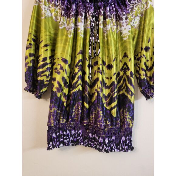 Allen B by Allen Schwartz Women Large Lime Green Purple Tie Neck Elastic Waist - Picture 4 of 5